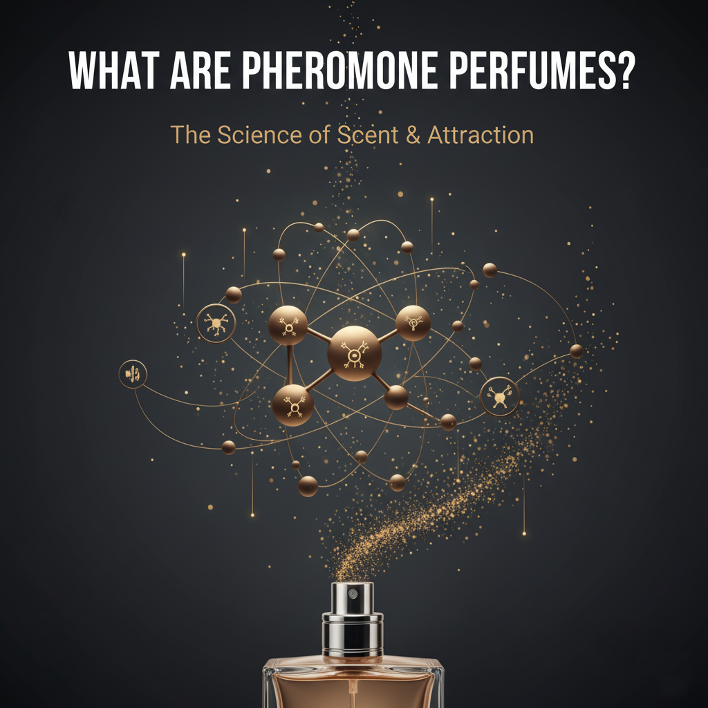 shortest version   A perfume bottle releases a golden mist transforming into a molecular diagram, with text "WHAT ARE PHEROMONE PERFUMES? The Science of Scent & Attraction"