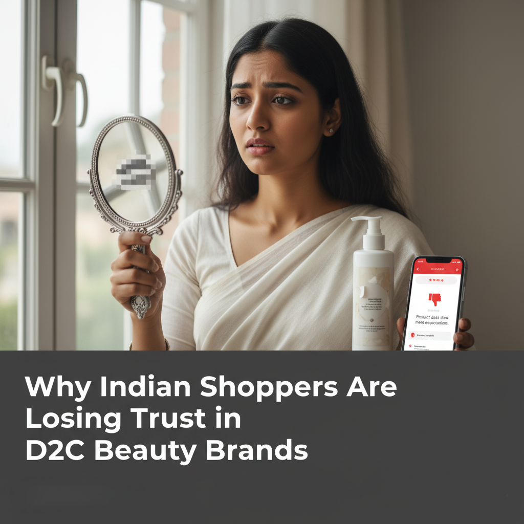 Ultra-realistic blog banner showing an Indian shopper looking skeptically at a beauty product in a hand mirror, reflecting the loss of trust in D2C beauty brands.