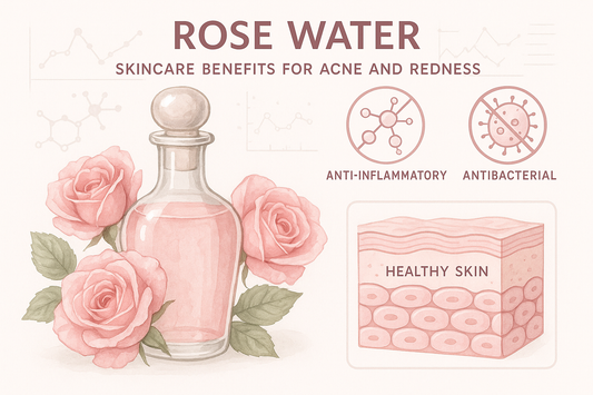 Icon style rose water bottle with cork with text,' Rose Water', 'Skincare Benefits for Acne and Redness' and a hypothetical display of healthy skin layers
