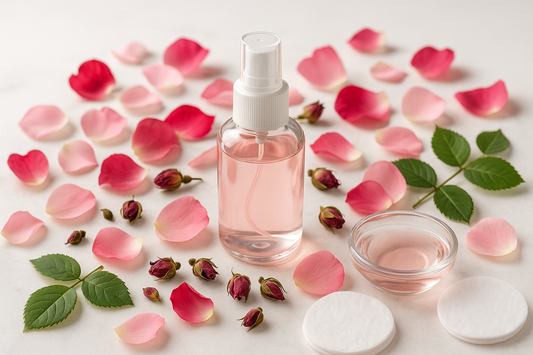 Rose water transparent bottle with rose petals & cotton pads surrounded with green leaves for aesthetic appeal
