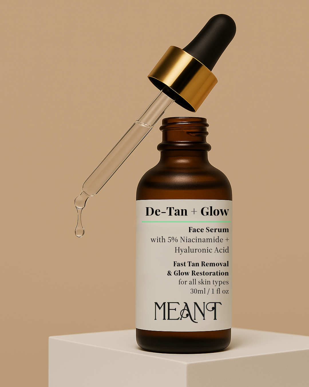MEANT 5% Niacinamide De-Tan + Glow Face Serum with Hyaluronic Acid & Aloe Vera with its dropper in air on a white prop in mocha mousse background.
