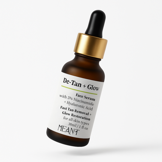 MEANT 5% Niacinamide De-Tan Glow Face Serum with Hyaluronic Acid & Natural Aloe Vera Bottle in air creative photoshoot.