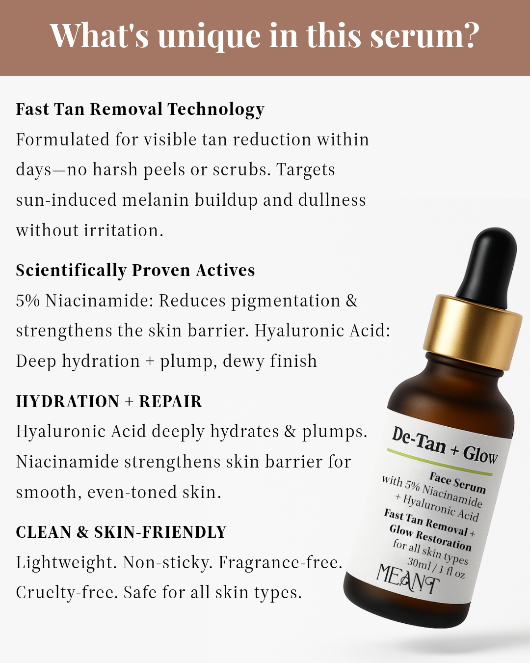 MEANT De-Tan + Glow Face Serum Unique Selling Points (USP)