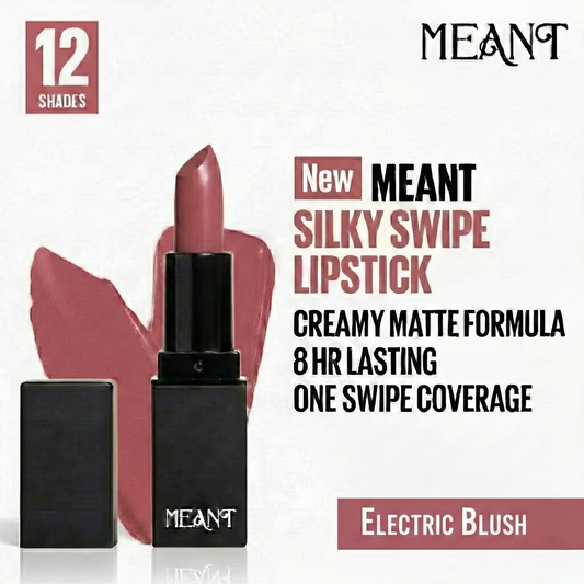 MEANT Silky Swipe Lipstick Electric Blush with promotional text on a white background.