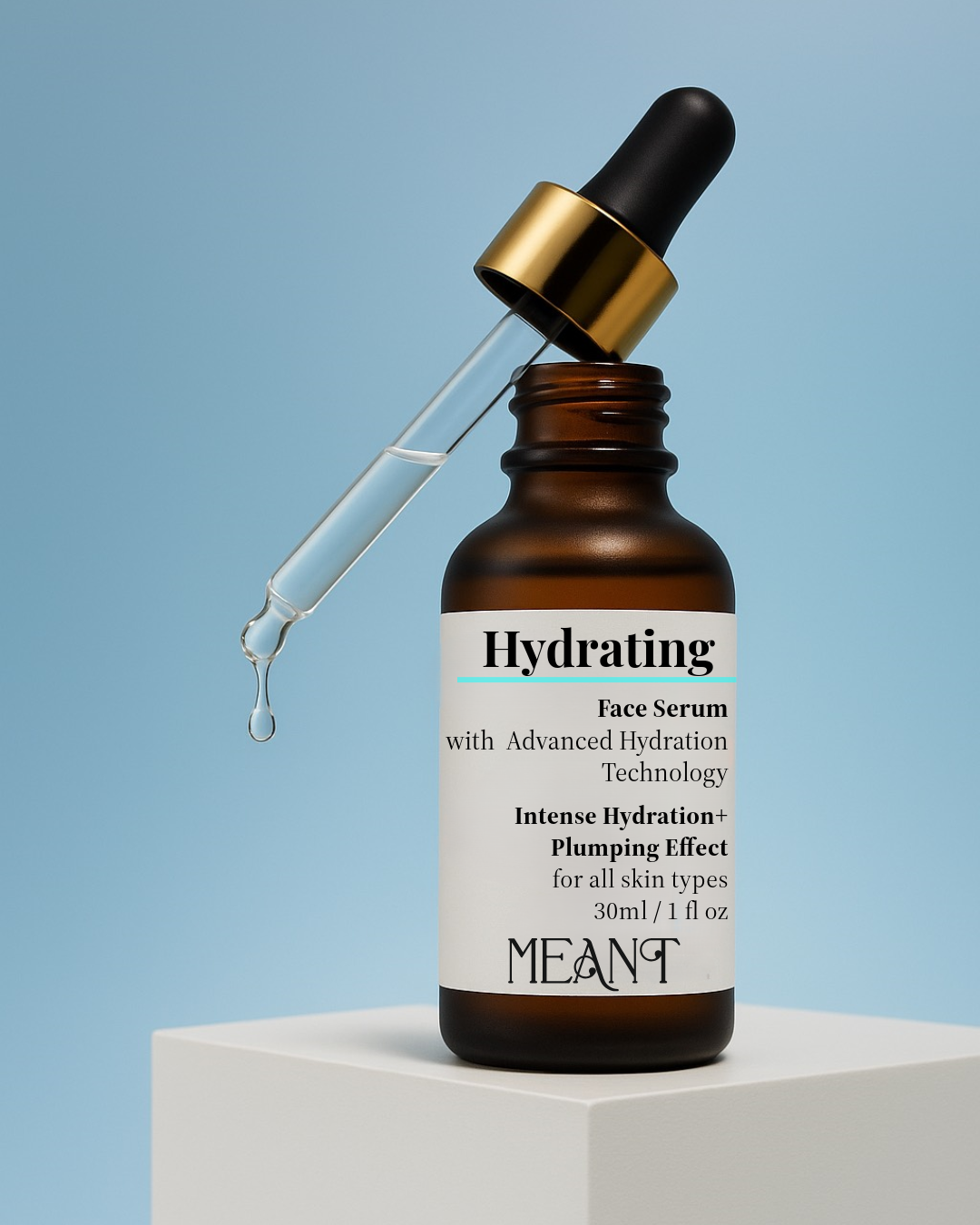 MEANT Hydrating Face Serum with Advanced Hyaluronic Acid for Intense Hydration bottle with dropper in air creative photoshoot in blue background