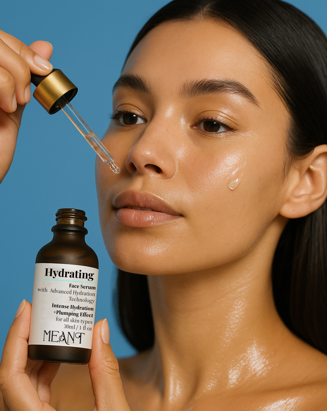 MEANT Hydrating Face Serum with Advanced Hyaluronic Acid for Intense Hydration serum model applying on her face with blue background