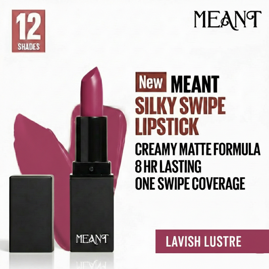 MEANT Silky Swipe Lavish Lustre Lipstick with packaging on a white background, featuring MEANT branding.
