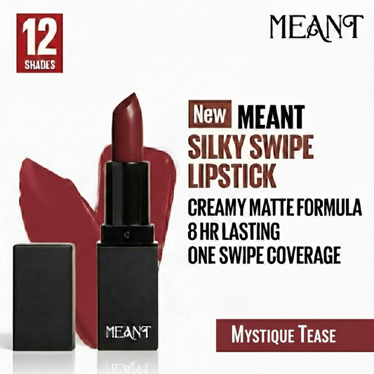 MEANT Silky Swipe Mystique Tease Lipstick with product details on a white background.