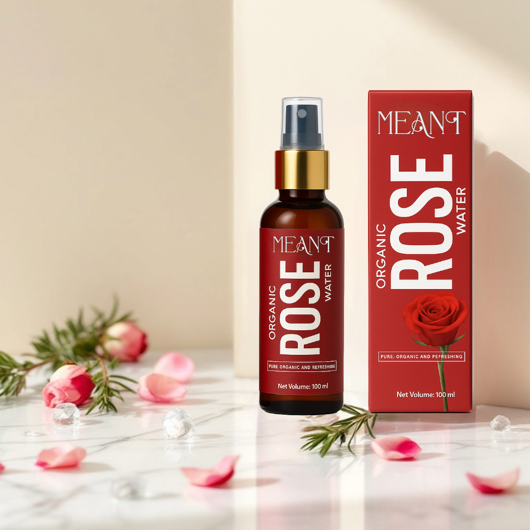 MEANT Organic Rose Water pure Bulgarian Rosa Damascena in beige background with Bulgarian rose petals in spread out photoshoot theme