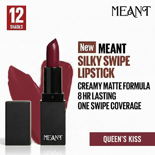 MEANT Silky Swipe Queen's Kiss Lipstick with product details on a white background.
