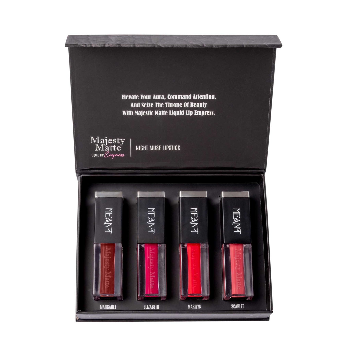 Meant Majesty Matte Night Muse Matte Liquid Lipstick Set open box. Margaret, elizabeth, marilyn, scarlet.