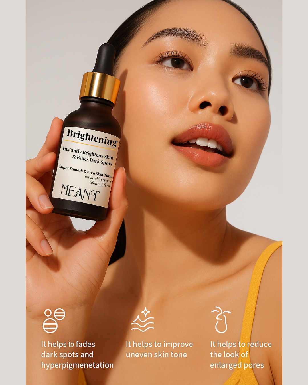 Beautiful Model with MEANT Brightening Face Serum Bottle in hand in a professional photoshoot