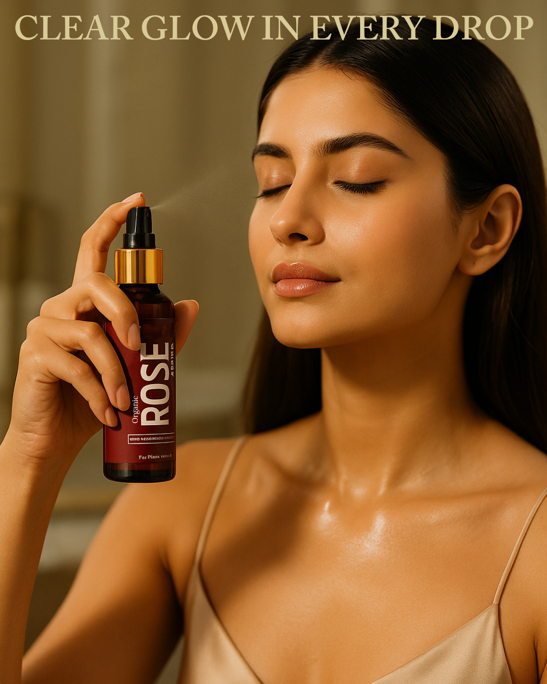 MEANT Organic Rose Water model spraying it on her to show it’s instant hydrating & glowing effect on skin