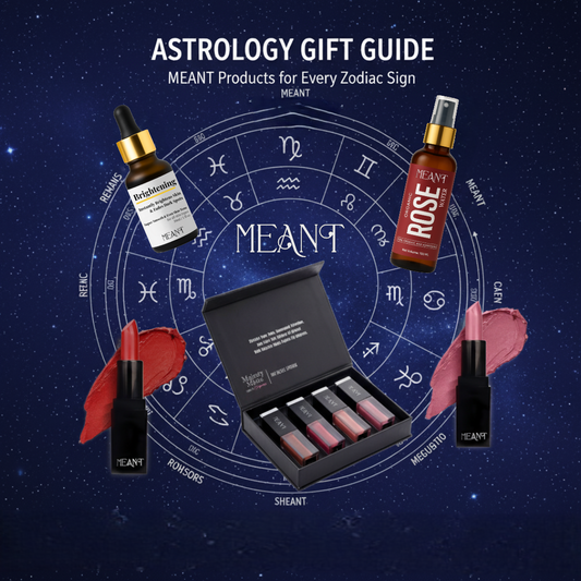 Astrology Gift Guide MEANT Products for Every Zodiac Sign with MEANT products & astrological star constellation chart in the background