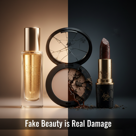 Split image showing authentic luxury beauty products glowing on one side & cracked, damaged fake beauty products on the other, highlighting the danger of counterfeit cosmetics.