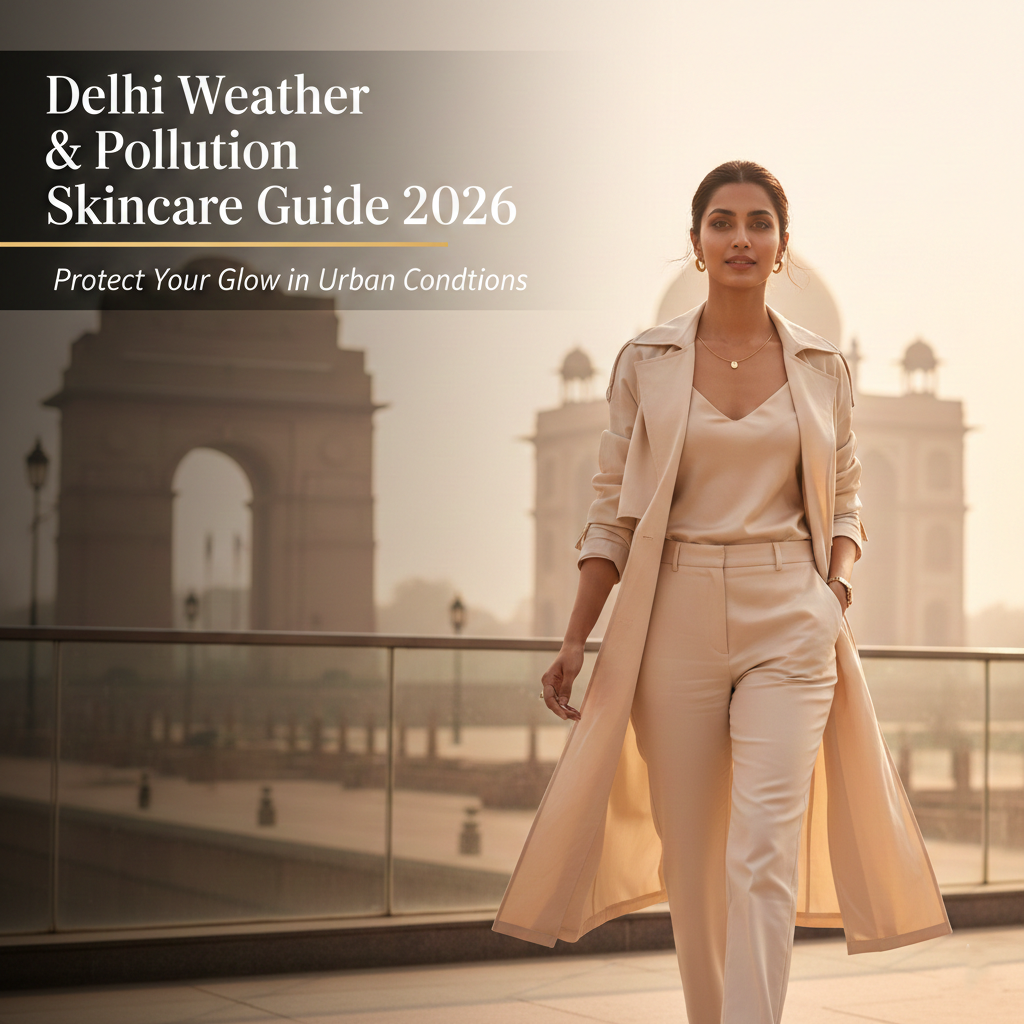 Woman in a beige coat standing in front of a blurred architectural structure with text about Delhi weather and pollution skincare guide by MEANT.