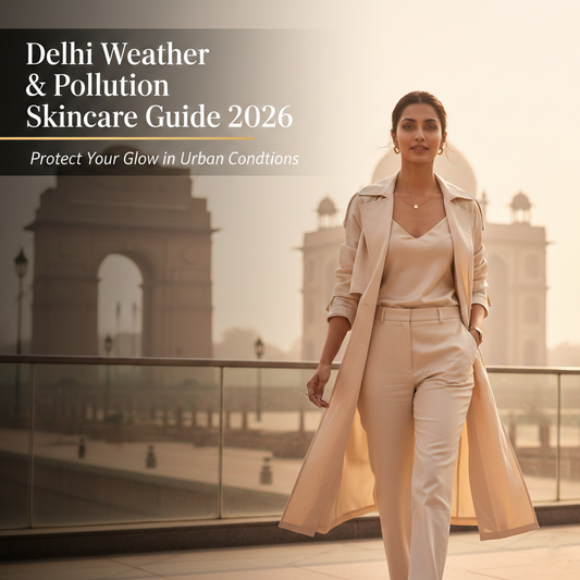 Woman in a beige coat standing in front of a blurred architectural structure with text about Delhi weather and pollution skincare guide by MEANT.