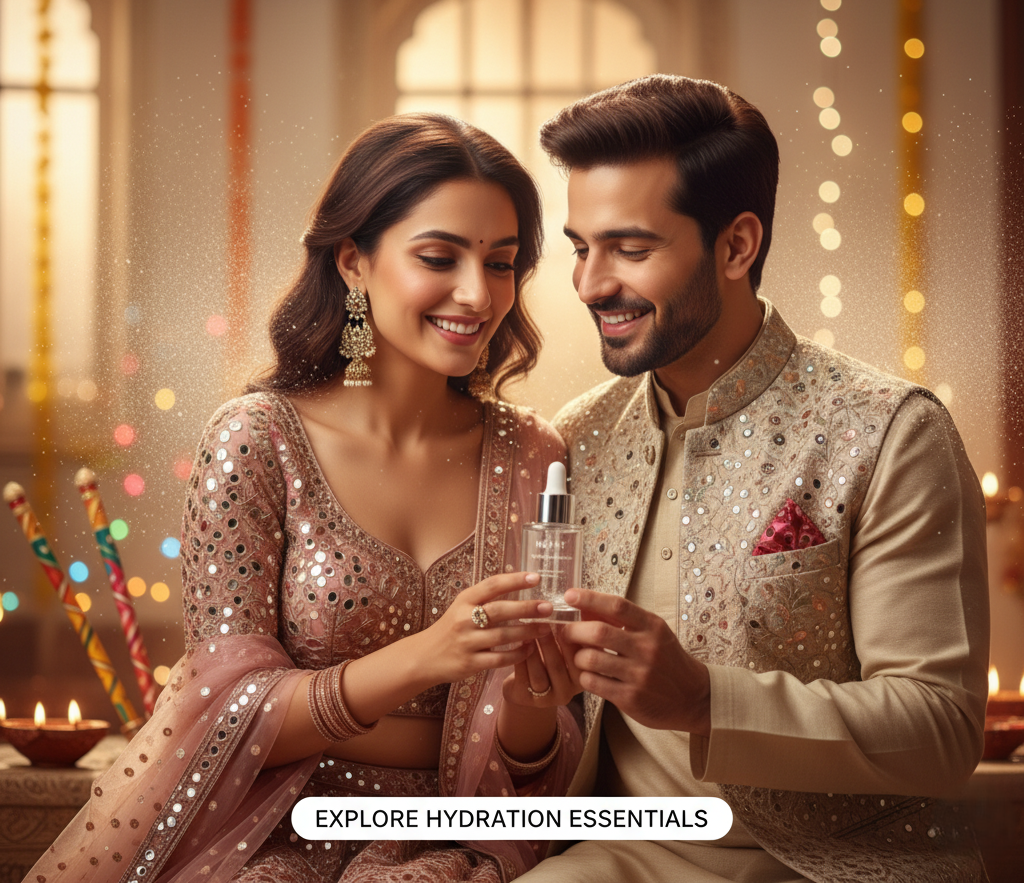 Beautiful Indian male & female models in Navaratri & Diwali attires in a festival decorated set up with dandiya's in the background