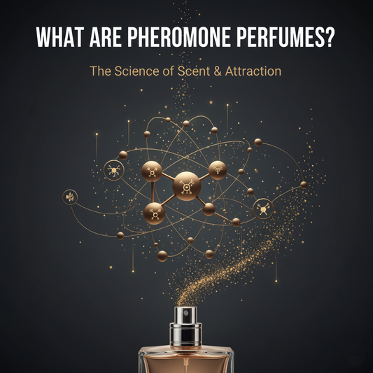 shortest version   A perfume bottle releases a golden mist transforming into a molecular diagram, with text "WHAT ARE PHEROMONE PERFUMES? The Science of Scent & Attraction"
