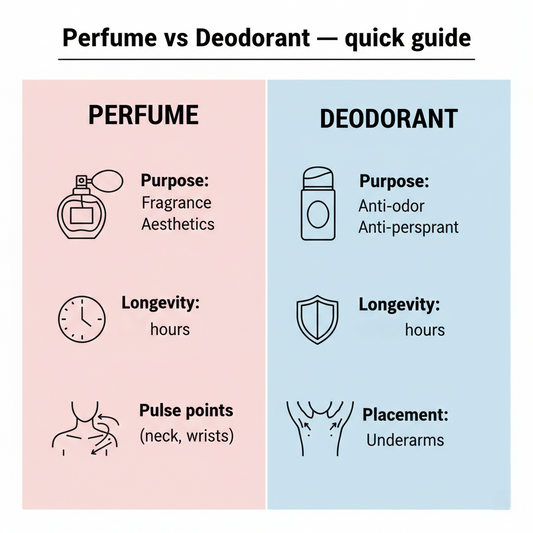 Infographic comparing perfume and deodorant: purpose, longevity, application.