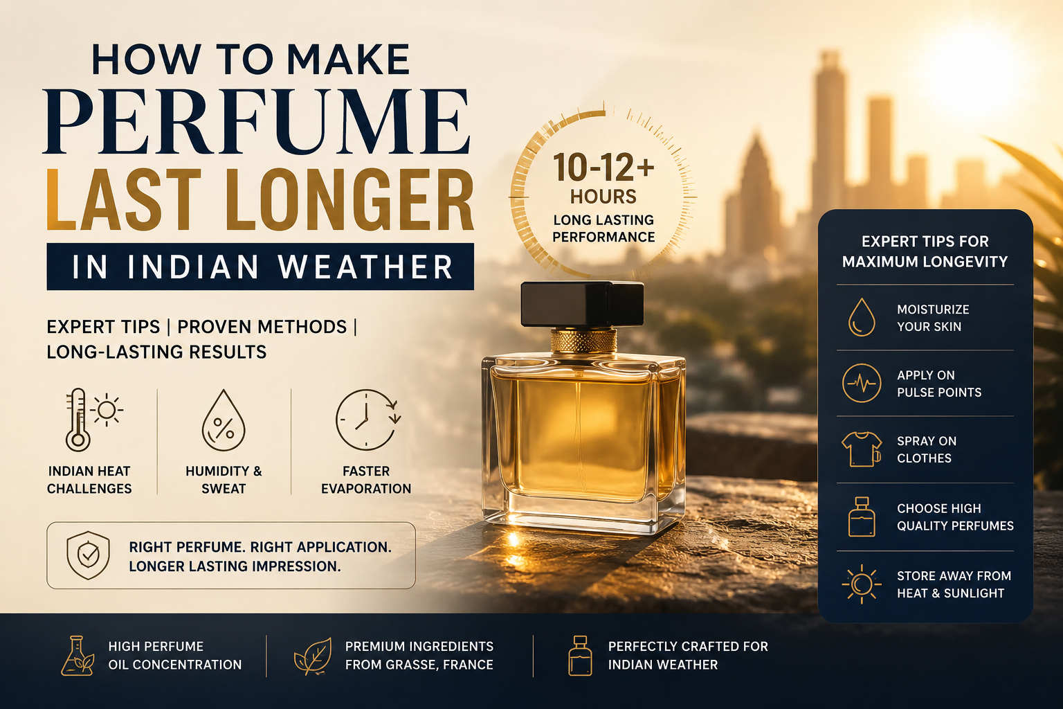 Luxury infographic banner about how to make perfume last longer in Indian weather featuring premium perfume bottle, fragrance longevity tips, heat and humidity protection, and long-lasting perfume performance guidance.
