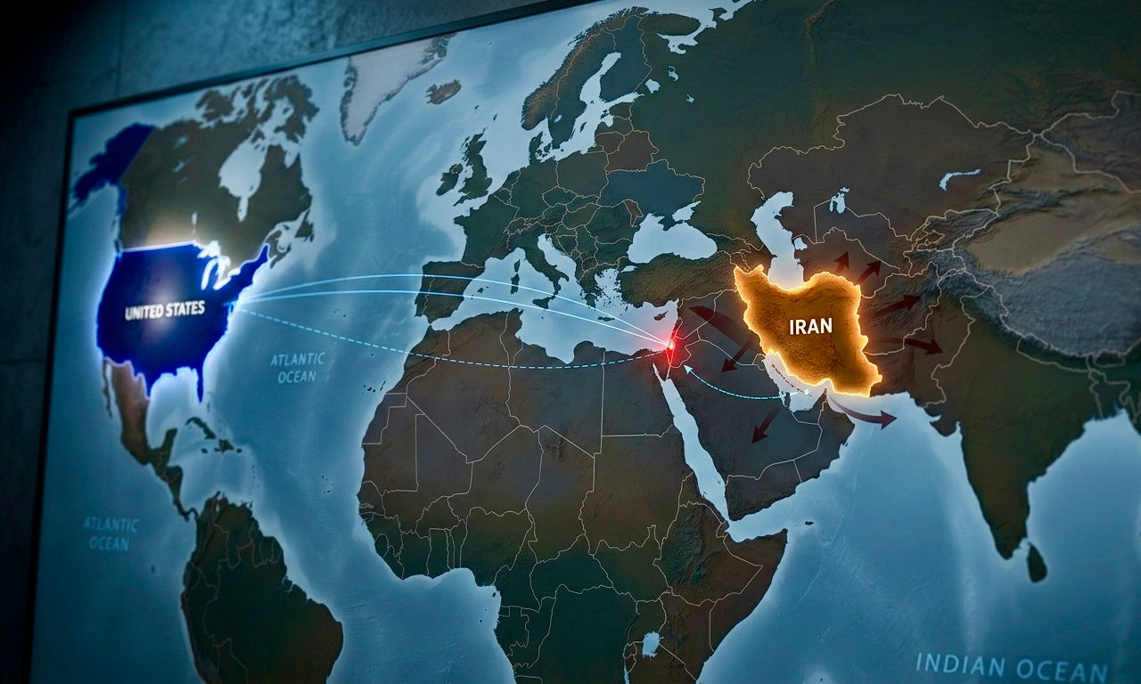 Geopolitical map highlighting United States Israel Iran tensions