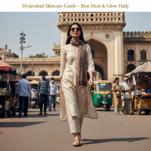 Woman with glowing skin walking in Hyderabad city representing urban skincare lifestyle.