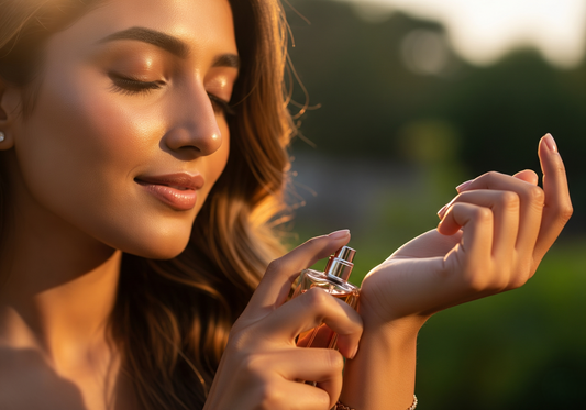 Woman applying EDP perfume on wrist in hot humid climate.