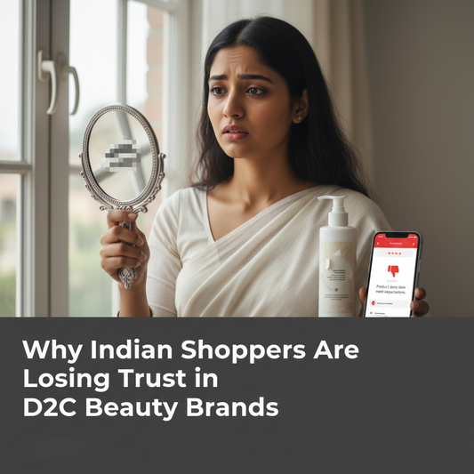Ultra-realistic blog banner showing an Indian shopper looking skeptically at a beauty product in a hand mirror, reflecting the loss of trust in D2C beauty brands.