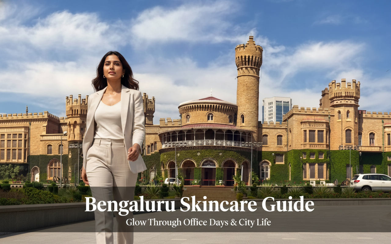 A woman in a beige suit walking in front of the Bangalore Palace. Text overlay reads: "Bengaluru Skincare Guide: Glow Through Office Days & City Life.