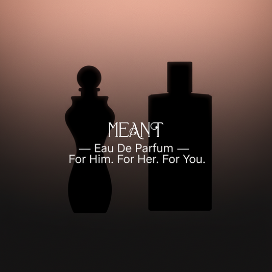 Teaser image of two perfume bottle silhouettes for MEANT Eau De Parfum men and women collection with rose gold and black gradient background, text overlay For Him For Her For You Coming Soon