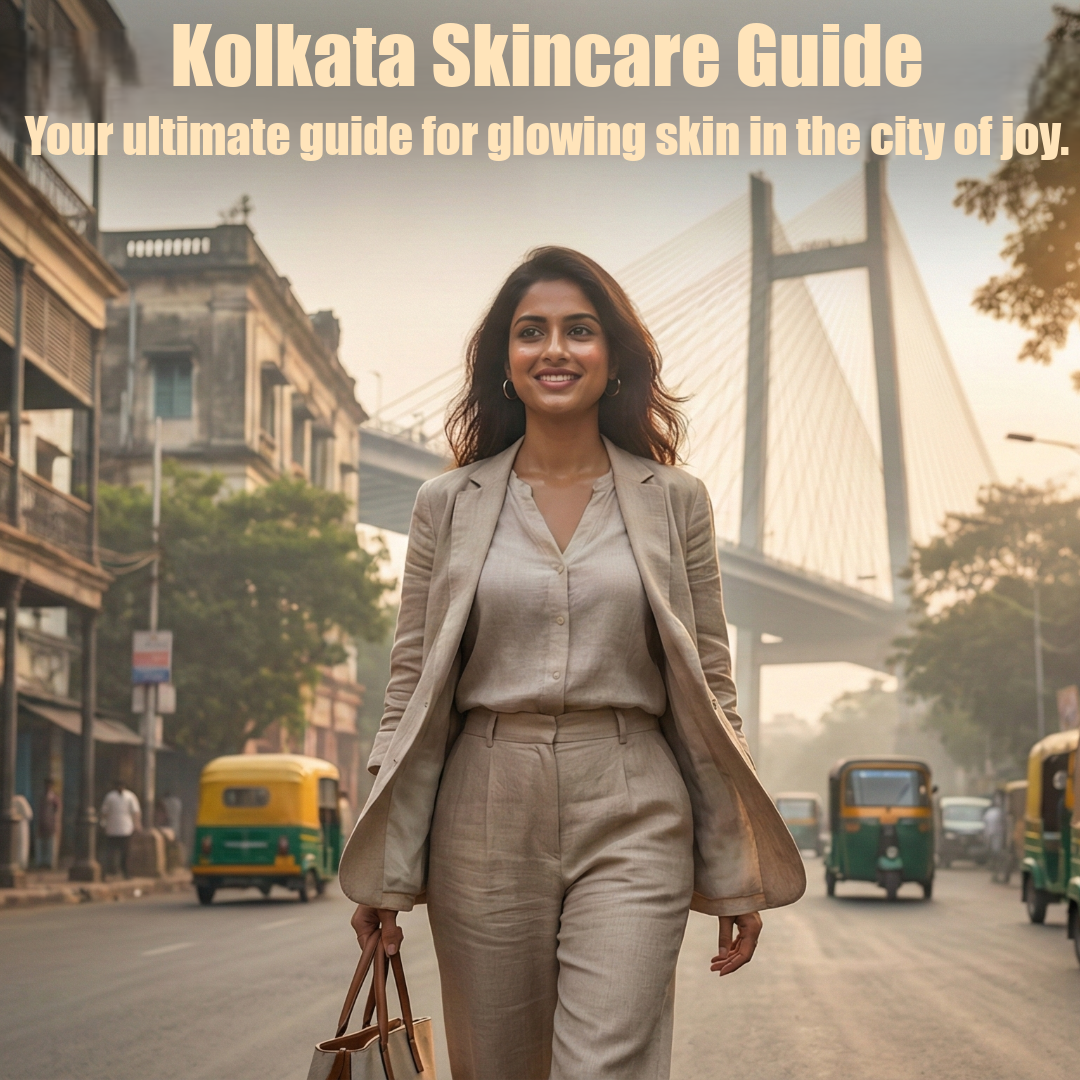 Woman with glowing skin walking in Kolkata humid city environment.