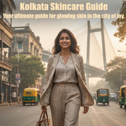 Woman with glowing skin walking in Kolkata humid city environment.