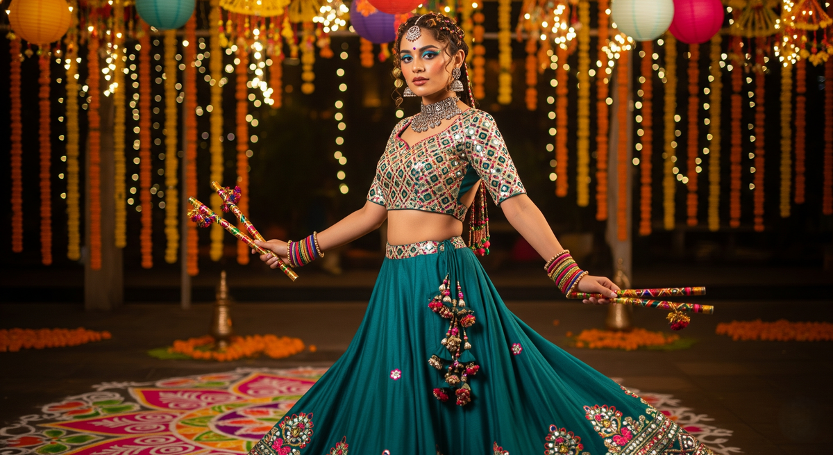 Navratri 2025 look: A woman in an embroidered teal lehenga choli and silver jewelry holds dandiya, surrounded by sparkling fairy lights and traditional decorations.