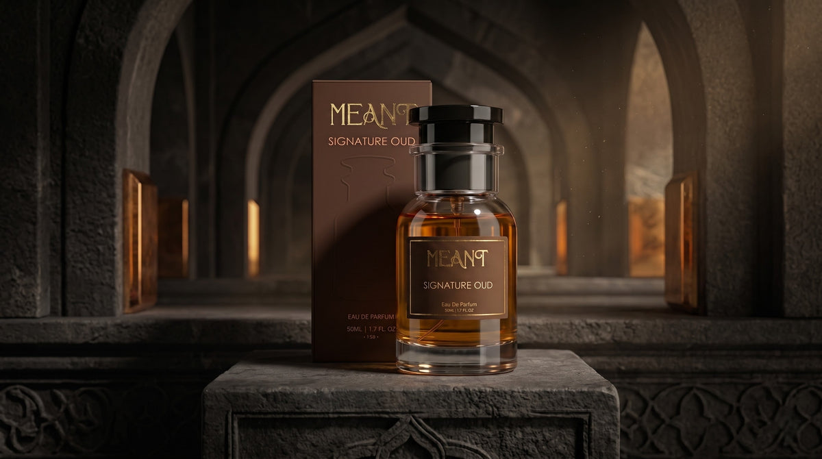 MEANT Signature Oud perfume bottle and packaging in a luxurious Arabian-inspired architectural setting.