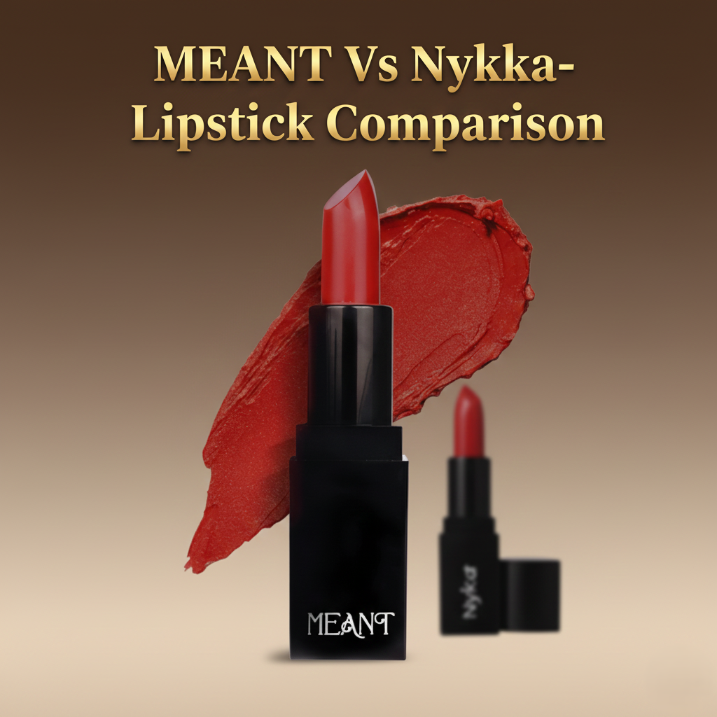 MEANT vs Nykaa Beauty premium lipstick comparison - swatches, formula, and wear test on Indian skin tones