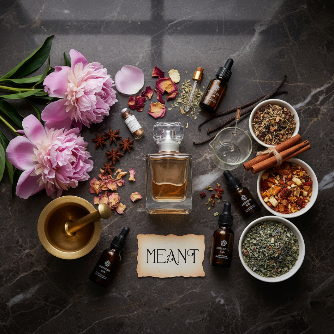 Luxury perfume ingredients and glass bottles showing the process of how perfume is made
