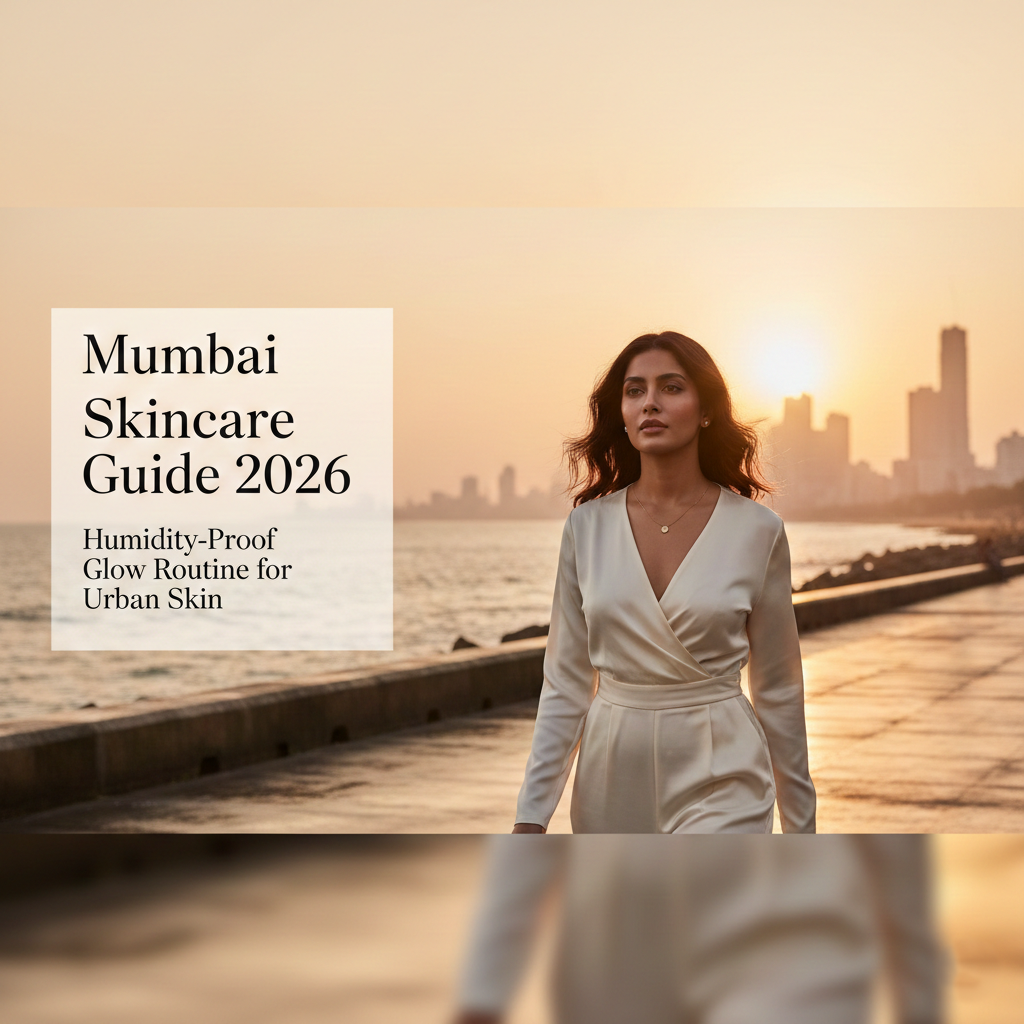 Luxury skincare blog banner featuring a radiant woman at Mumbai's Marine Drive during golden hour. Text overlay reads: "Mumbai Skincare Guide 2026: Humidity-Proof Glow Routine for Urban Skin."
