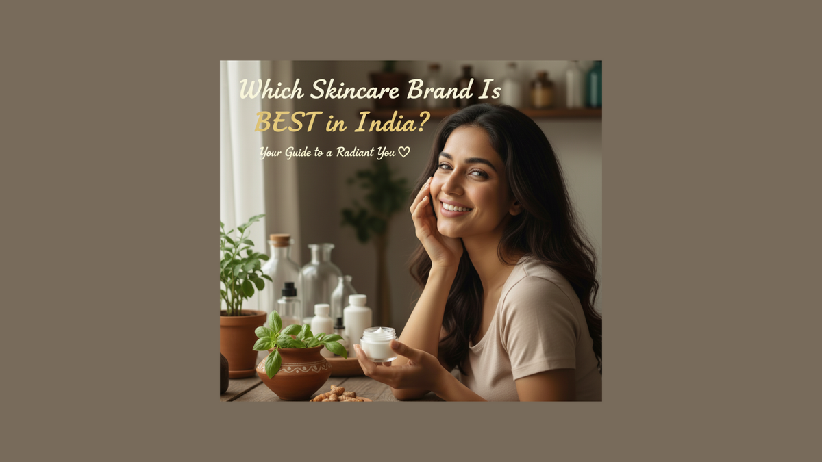 A radiant Indian woman with a warm smile, wearing a beige top, gently touches her cheek while holding a small jar of white cream