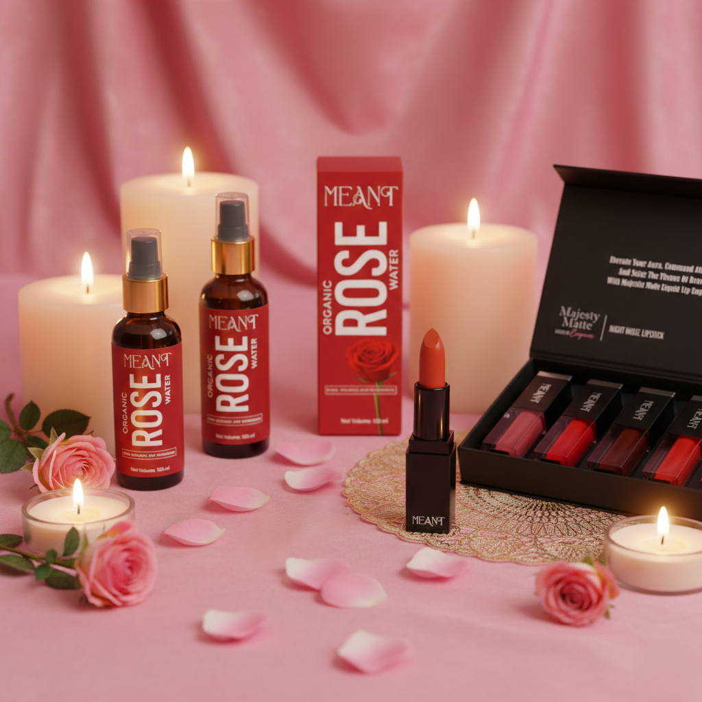 Valentine’s Day beauty setup with MEANT serums, rose water, and lipsticks