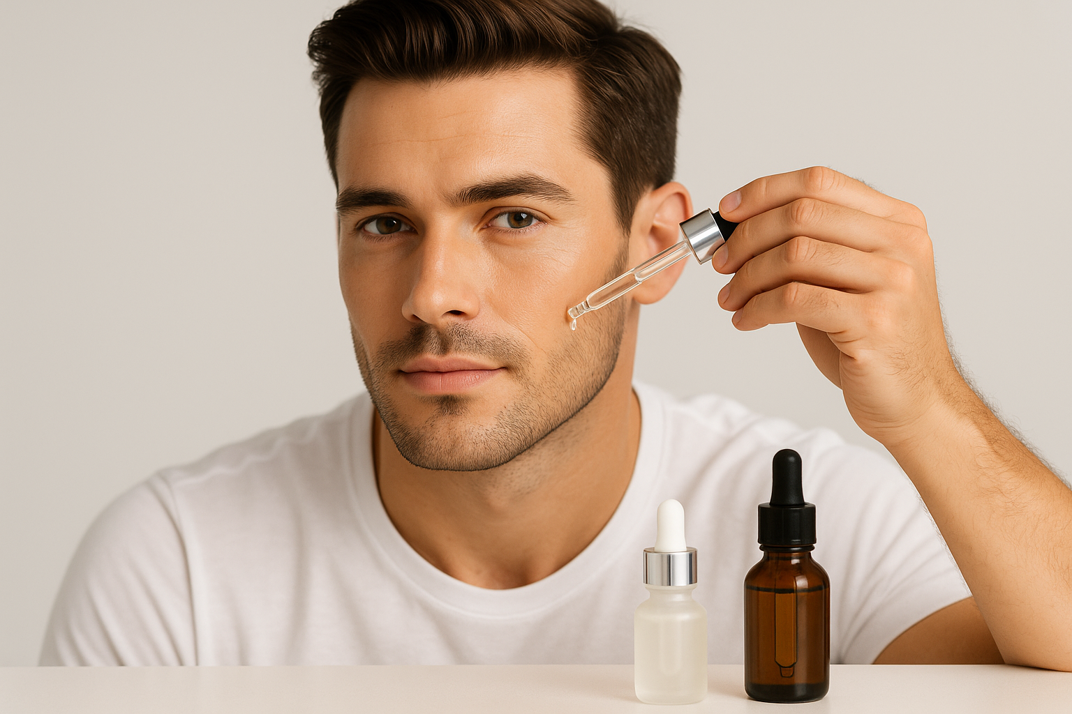 Model with serum bottles applying on his face