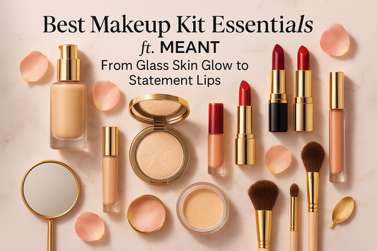 The image also shows makeup brushes, an eyeshadow palette, and a beauty blender. The title "Best Makeup Kit Essentials ft. MEANT" is visible at the top.
