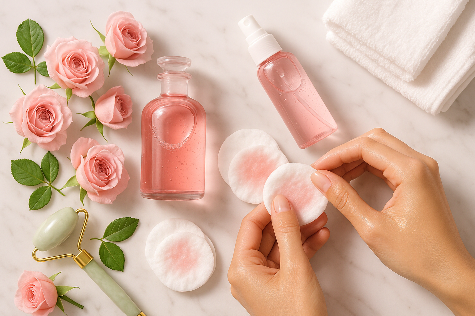 Two rose water bottles with Bulgarian roses, green leaves, white cotton pads, towels and face roller on a white marble