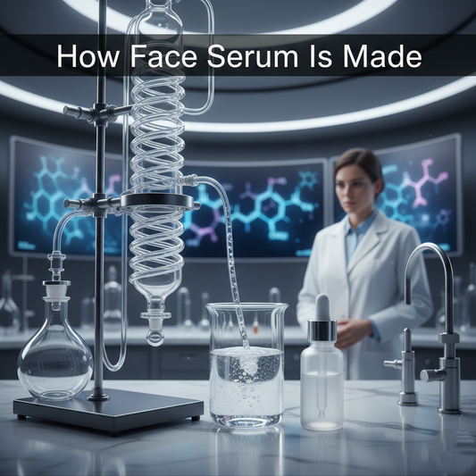 Laboratory setting with scientific equipment and a technician in a lab coat, featuring text 'How Face Serum Is Made'.