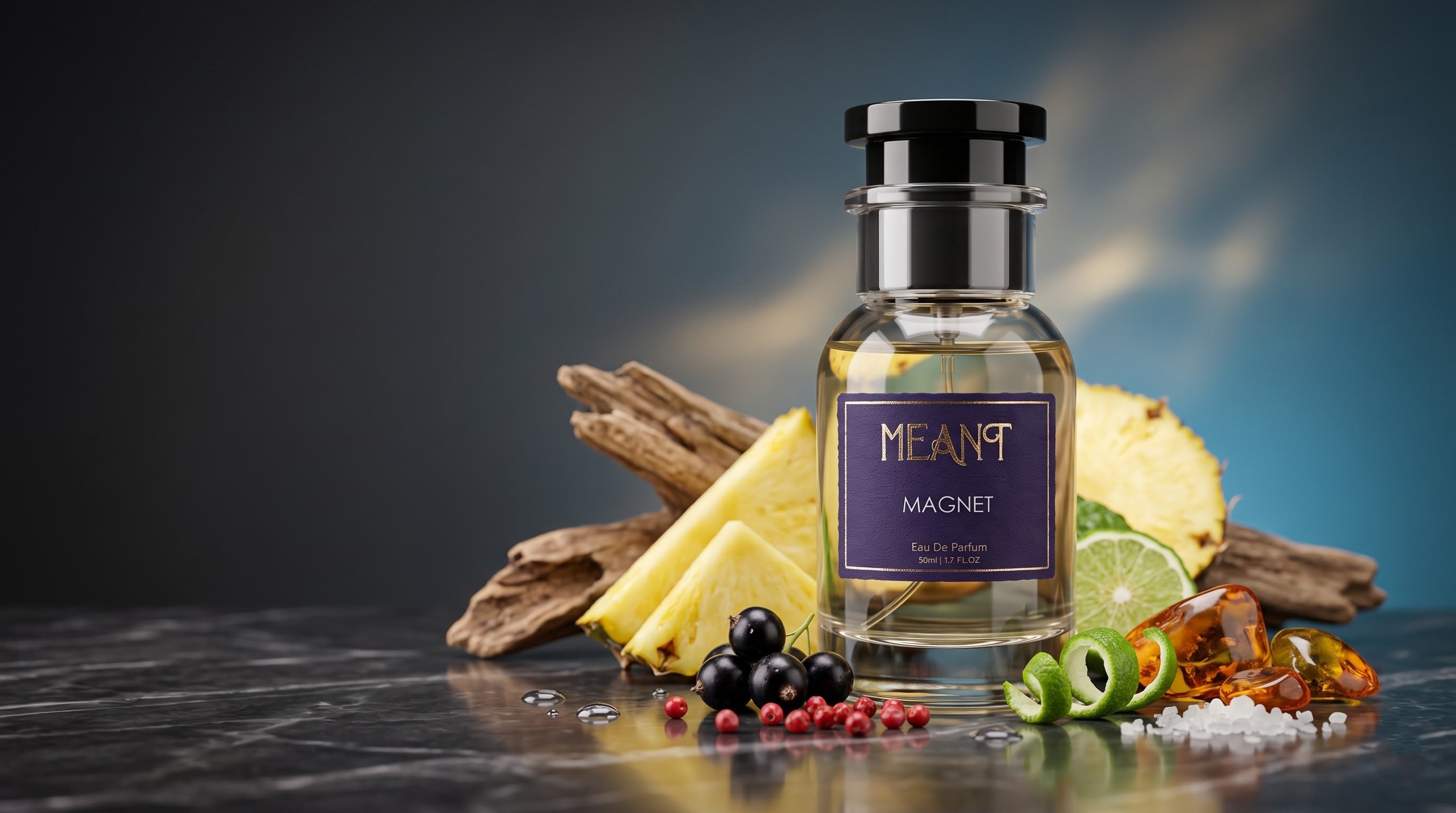 MEANT Magnet fresh aquatic-fruity unisex Eau de Parfum displayed in a premium luxury editorial setting.
