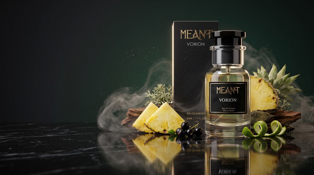 MEANT VORION luxury Eau de Parfum displayed in a premium editorial setting with pineapple, bergamot, blackcurrant and woody elements, representing a sophisticated fragrance inspired by the iconic Aventus fragrance style.