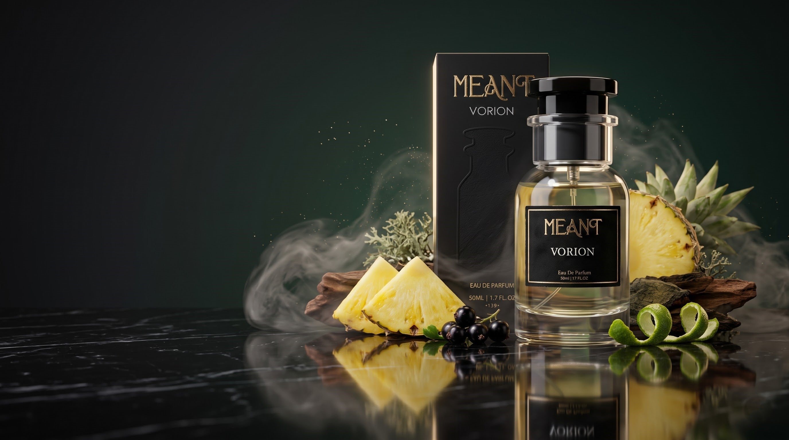 MEANT VORION luxury Eau de Parfum displayed in a premium editorial setting with pineapple, bergamot, blackcurrant and woody elements, representing a sophisticated fragrance inspired by the iconic Aventus fragrance style.