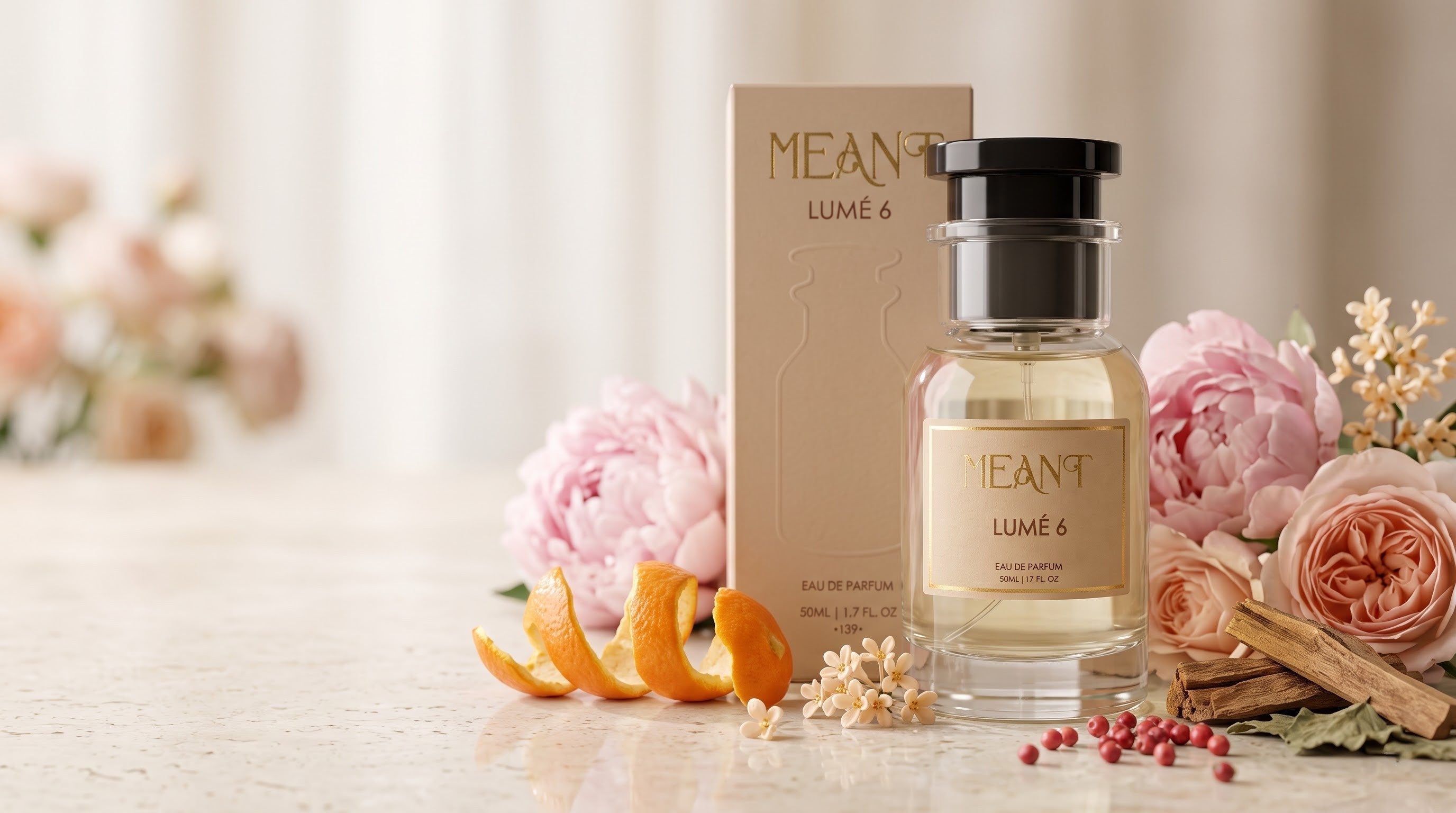 MEANT LUMÉ 6 perfume inspired by Gucci Flora with flowers, orange peels and red berries.