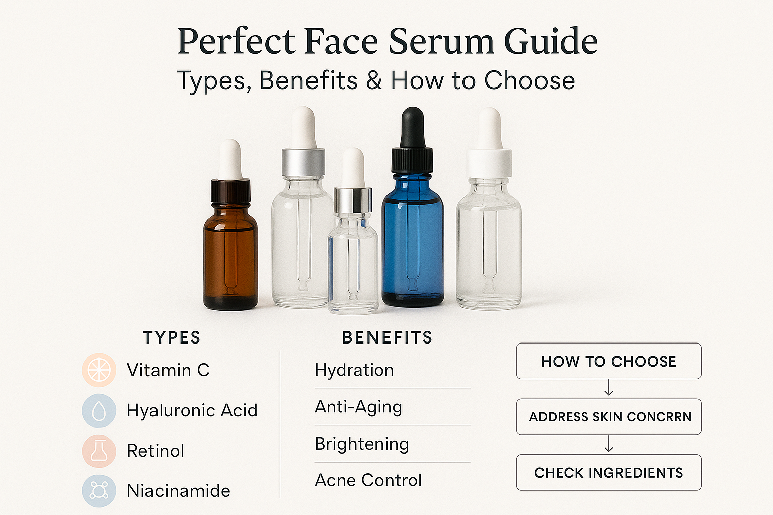 Five serum bottles with the text, 'Perfect face serum guide', 'Types, benefits & how to choose'.