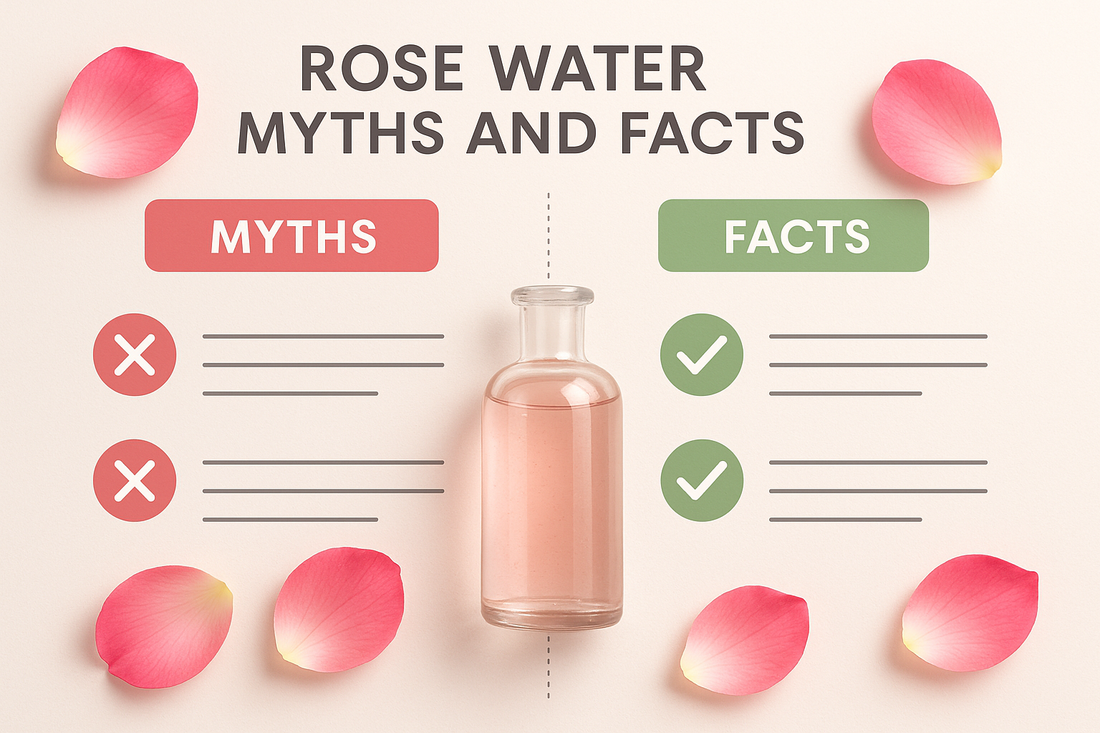 Rose water myths and facts displayed with a bottle of rose water & rose petals surrounding it